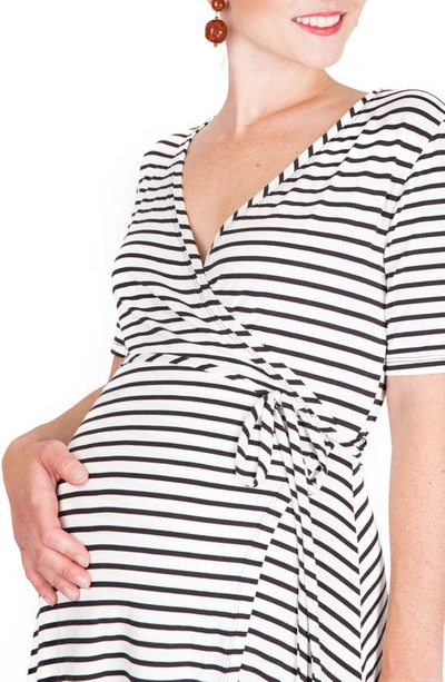 Shop Nom Maternity Maya Maternity/nursing Wrap Dress In Black/ White Stripe