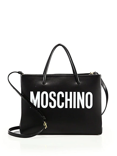 Moschino Logo Print Small Leather Tote In Black