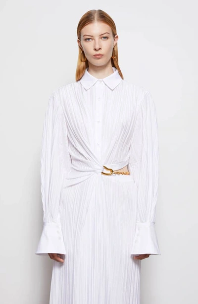 Shop Jonathan Simkhai Fraya Long Sleeve Cotton Blend Plissé Maxi Shirtdress In White