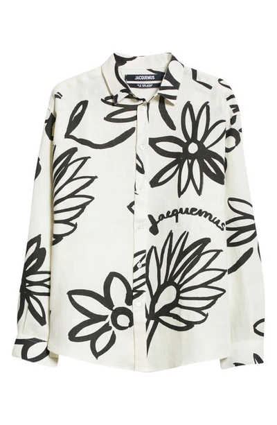 Shop Jacquemus La Chemise Simon Floral Print Linen Button-up Shirt In Print Black/ White Flowers