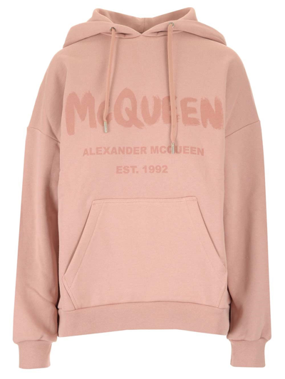 Shop Alexander Mcqueen Logo Printed Drawstring Hoodie In Pink