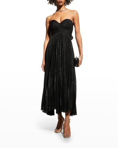 Shop Maria Lucia Hohan Venus Strapless Metallic Plisse Midi Dress In Black Shimmer