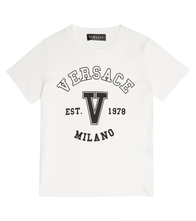 Shop Versace Logo Cotton Jersey T-shirt In Bianco+nero
