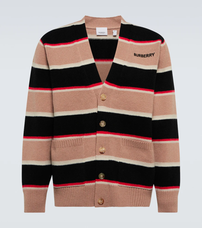 Shop Burberry Striped Wool And Cashmere Cardigan In Camel