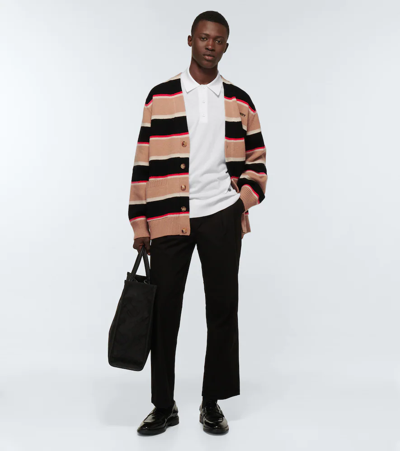 Shop Burberry Striped Wool And Cashmere Cardigan In Camel