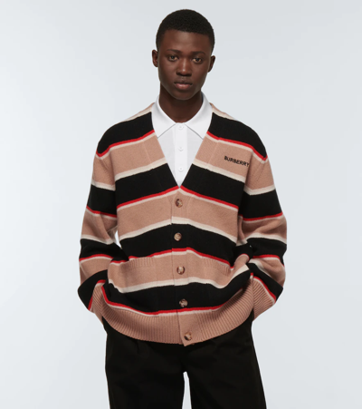 Shop Burberry Striped Wool And Cashmere Cardigan In Camel