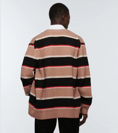 Shop Burberry Striped Wool And Cashmere Cardigan In Camel