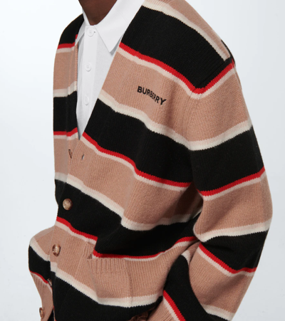 Shop Burberry Striped Wool And Cashmere Cardigan In Camel