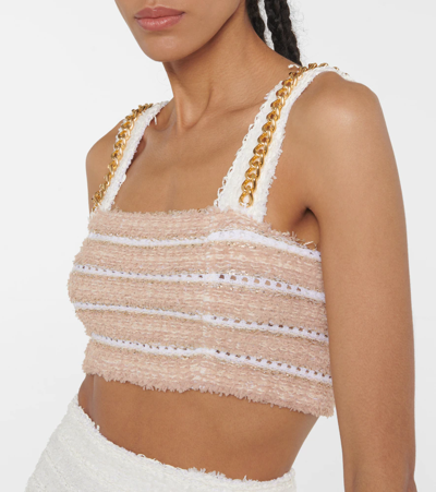 Shop Balmain Embellished Bouclé Crop Top In Blanc/beige/or