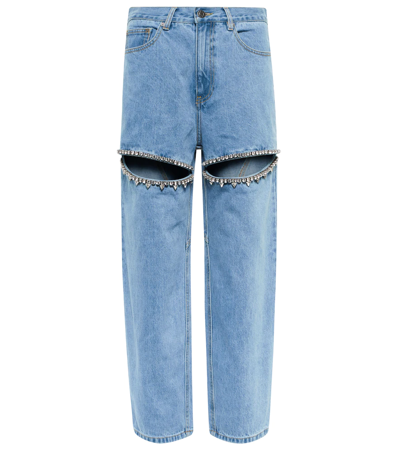 Shop Area Embellished Cutout High-rise Wide-leg Jeans In Light Blue