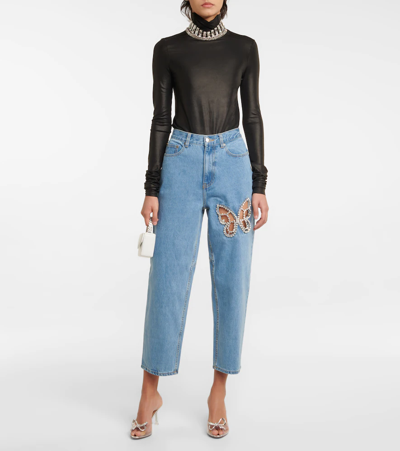 Shop Area Embellished Cutout High-rise Straight Jeans In Light Blue