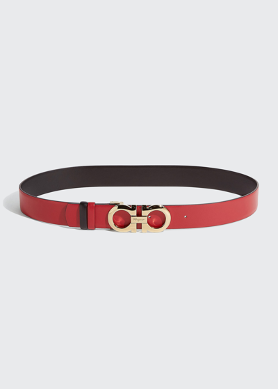 Shop Ferragamo Gancini-buckle Reversible Leather Belt In Rosso/gold