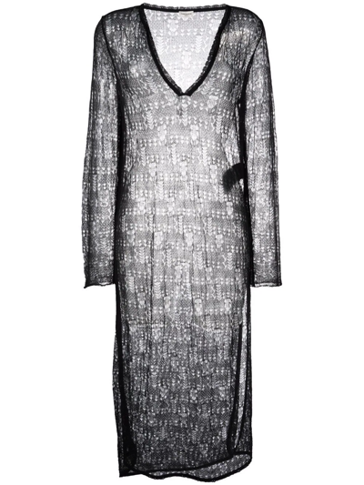 Shop Saint Laurent Open-knit Long-sleeved Tunic Dress In 黑色