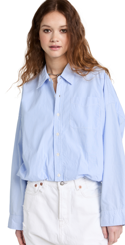 Shop R13 Gathered Hem Shirt In Lt Blue Pinstripe