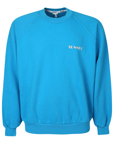 Shop Sunnei Logo Print Round Neck Sweatshirt In Blue