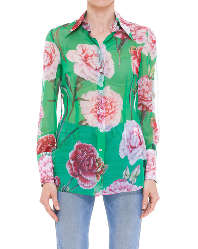 Shop Dolce & Gabbana Carnation Print Chiffon Shirt In Green