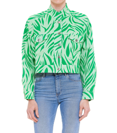 Shop Dependance Printed Denim Jacket In Green