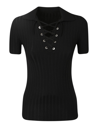 Shop Dion Lee Lace-up Ribbed-knit Polo Shirt In Black