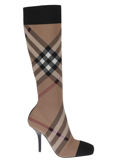 Shop Burberry Dolman Check Knee Boots In Birch Brown