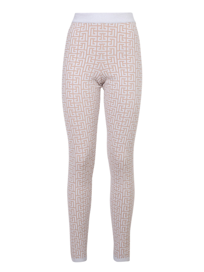 Shop Balmain Monogram Leggings With Glitter In Beige