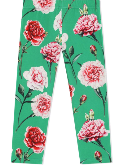 Shop Dolce & Gabbana Floral-print Cotton-blend Leggings In Green