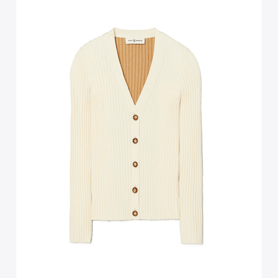 Shop Tory Burch Colorblock Ribbed Cardigan In Pale French Cream