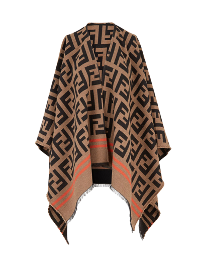 Shop Fendi Multicolour Wool And Silk Poncho In Brown