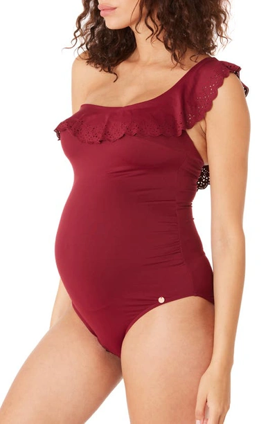 Shop Cache Coeur Bloom One-shoulder One-piece Maternity Swimsuit In Burgundy