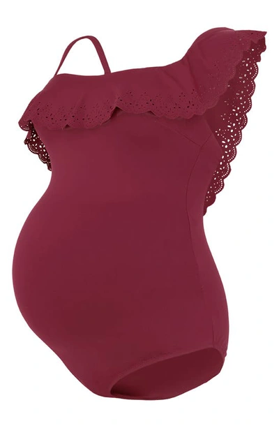 Shop Cache Coeur Bloom One-shoulder One-piece Maternity Swimsuit In Burgundy