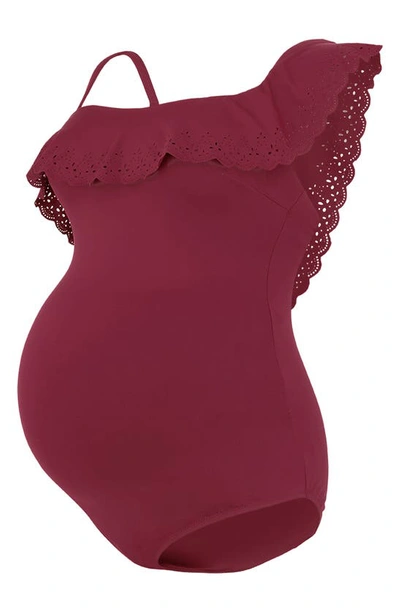 Cache Coeur Bloom One-shoulder One-piece Maternity Swimsuit In Burgundy