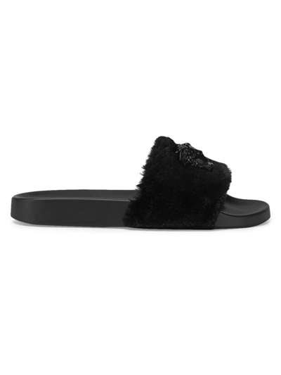 Shop Versace Women's La Medusa Faux Fur Slides In Black