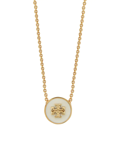 Shop Tory Burch Women's Kira 18k-gold-plated & Enamel Logo Pendant Necklace In New Ivory