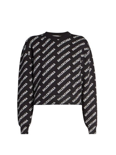 Shop Balenciaga Women's Intarsia Knit Logo Crewneck Sweater In Black White