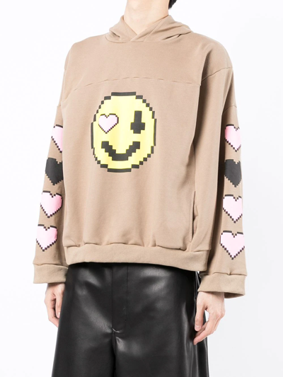 Shop Natasha Zinko Pixel-smiley Pullover Box Hoodie In Braun