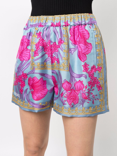 Shop Versace Cornflower-print Satin Shorts In Blue