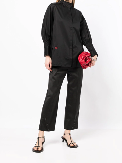 Shop Shiatzy Chen Cotton Embroidered Sleeve Shirt In Black