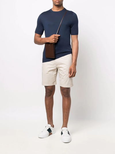 Malo Short-sleeved Blue Cotton Knit Sweater In Blue