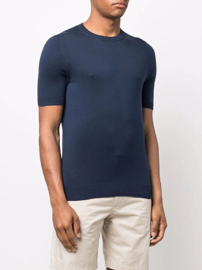 Malo Short-sleeved Blue Cotton Knit Sweater In Blue