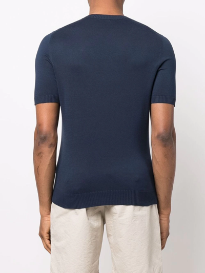 Malo Short-sleeved Blue Cotton Knit Sweater In Blue