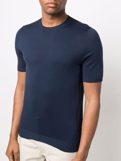 Malo Short-sleeved Blue Cotton Knit Sweater In Blue