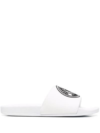 Shop Versace Jeans Couture Logo Slip-on Slides In Weiss