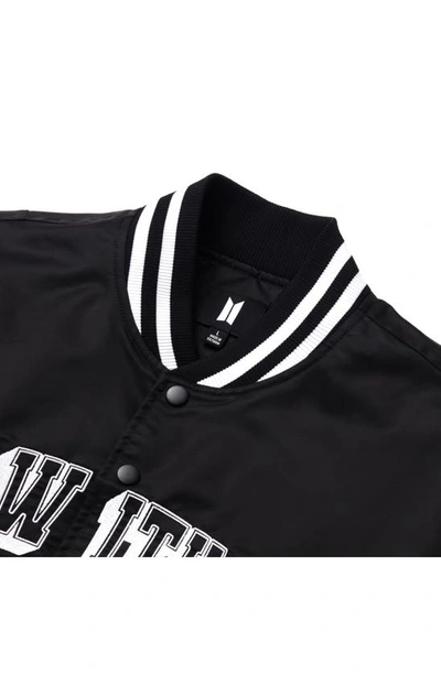 Shop Bts Themed Merch Gender Inclusive Boy With Luv Stadium Varsity Jacket In Black