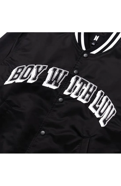Shop Bts Themed Merch Gender Inclusive Boy With Luv Stadium Varsity Jacket In Black