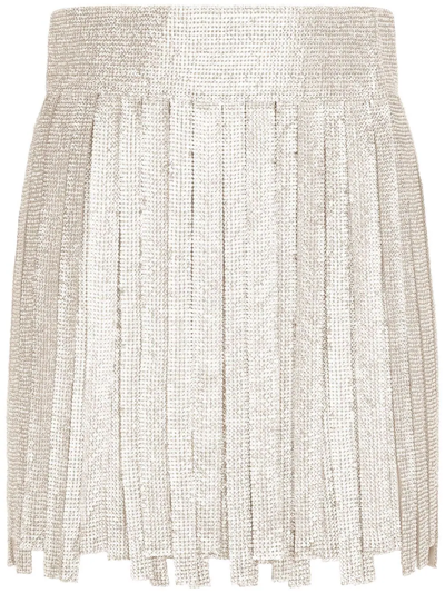 Shop Dolce & Gabbana Crystal Mesh Fringed Miniskirt In White