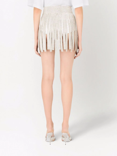 Shop Dolce & Gabbana Crystal Mesh Fringed Miniskirt In White