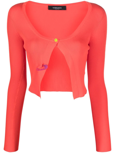 Shop Versace Safety Pin-embellished Cardigan In Orange