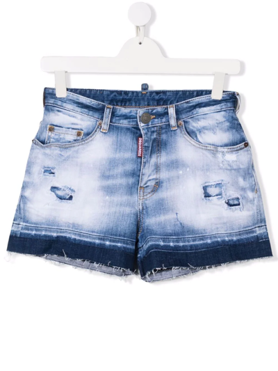 Shop Dsquared2 Teen Acid-wash Denim Shorts In Blue