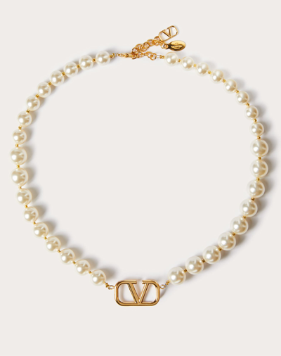 Shop Valentino Garavani Vlogo Signature Metal Necklace With Swarovski® Pearls In Gold