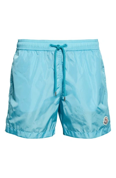 Shop Moncler Logo Patch Swim Trunks In Teal