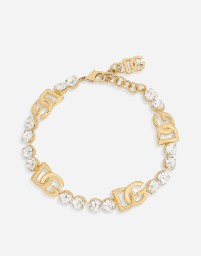 Shop Dolce & Gabbana Rhinestoned Choker With Dg Logo In Gold